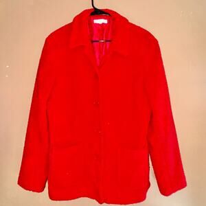 Annie Alexander Women's Sherpa Open Front Collared Jacket in Red - Size 10